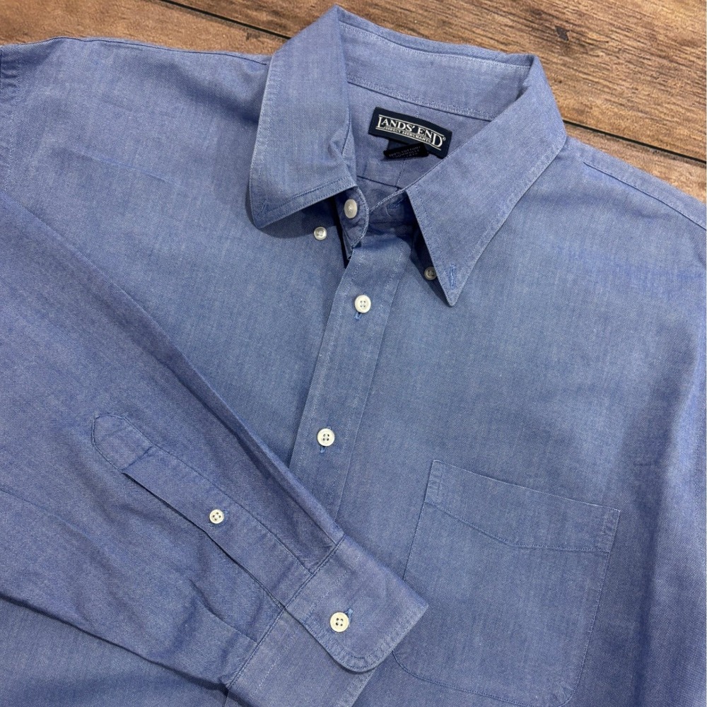 Lands End Mens Blue Oxford Cotton Button Down Shirt Regular Fit 17-34
